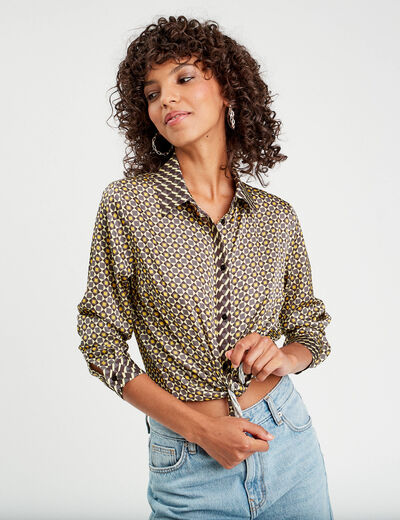Chemise manches longues satin jaune femme