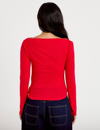 T-shirt col b&eacute;nitier manches longues rouge femme