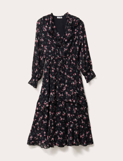 Robe longue évasée volants noir femme