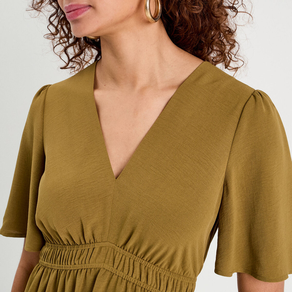 Robe évasée taille élastiquée vert kaki femme