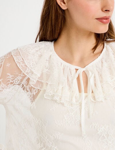 Blouse manches longues en dentelle ecru femme