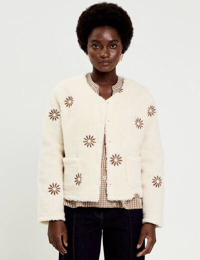 Gilet brod&eacute; effet polaire blanc femme