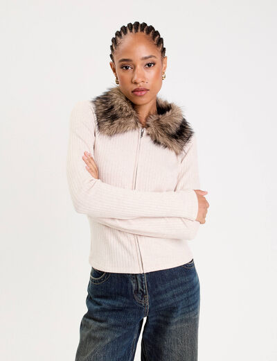 Gilet col fausse fourrure sable femme