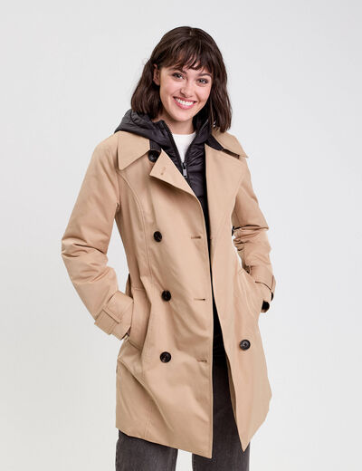 Trench ceintur&eacute; avec capuche camel femme