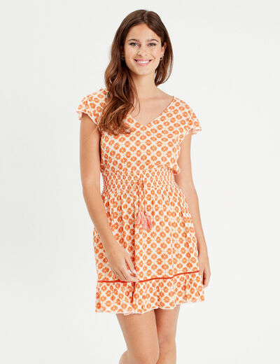 Robe évasée taille smockée orange femme