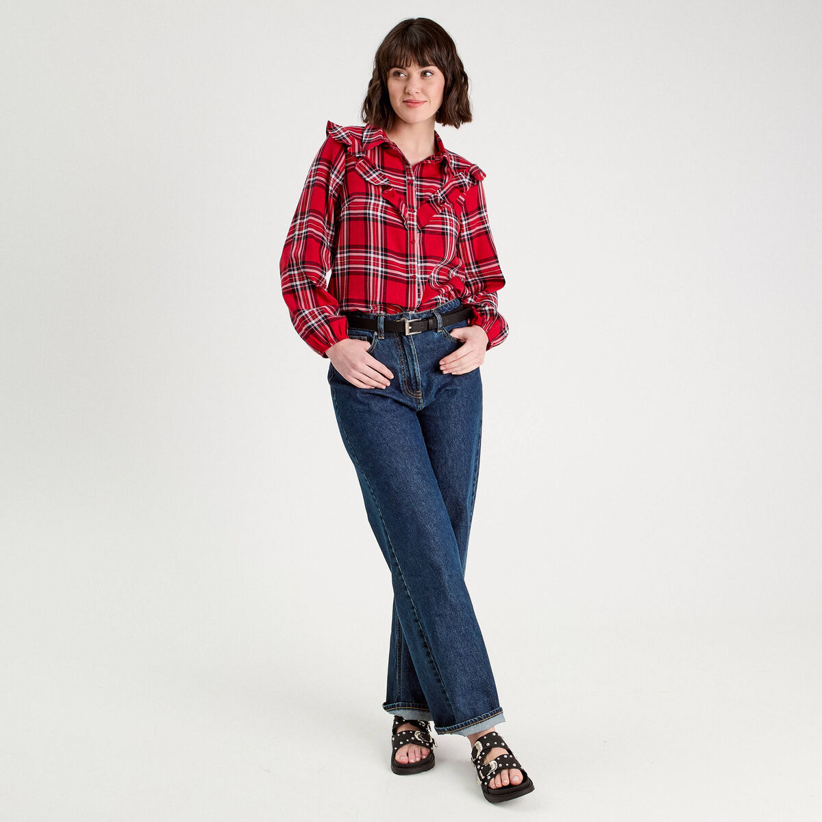 Blouse avec volants rouge femme