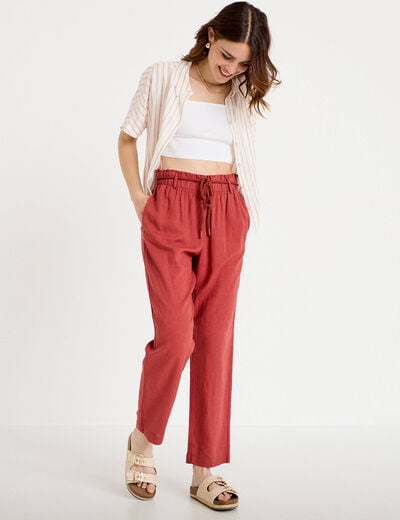 Pantalon droit 7/8&egrave;me taille haute vieux rose femme