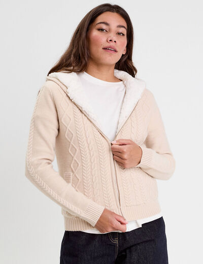 Gilet à capuche zippé beige femme