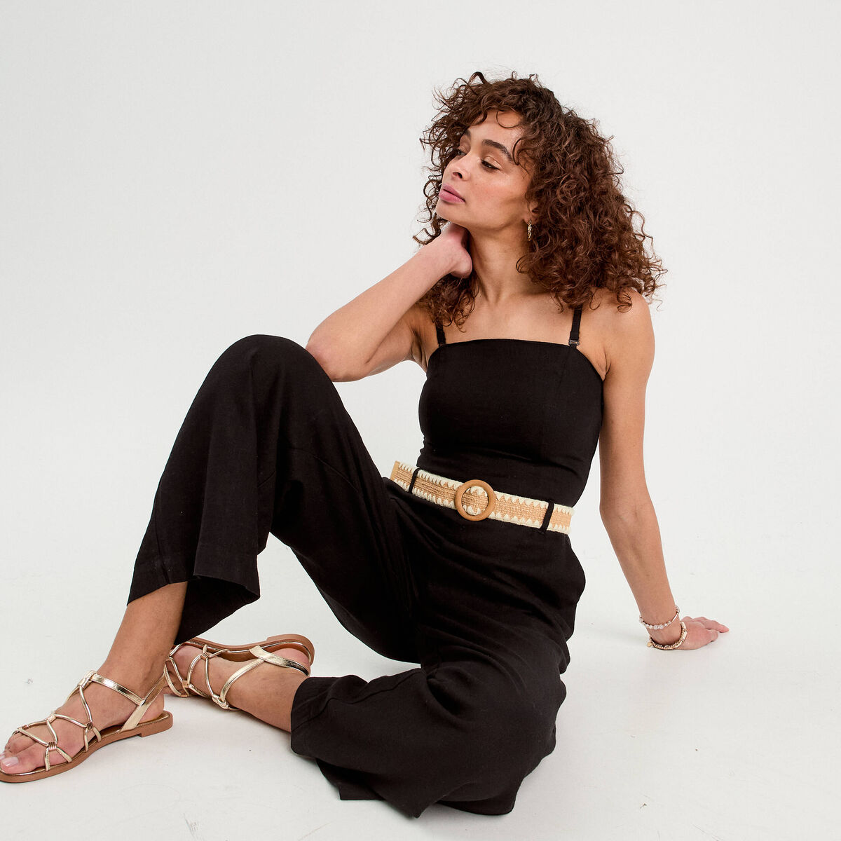 Combinaison pantalon bretelles avec lin noir femme
