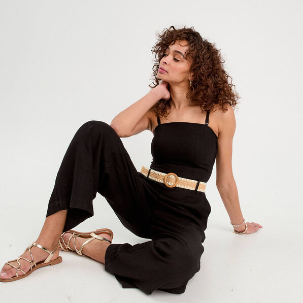 combinaison pantalon bretelles avec lin noir femme Combinaison pantalon bretelles avec lin noir femme