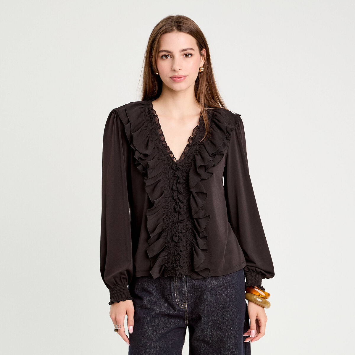 Blouse avec volants noir femme