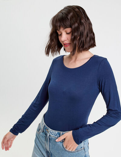 T-shirt uni à manches longues bleu foncé femme