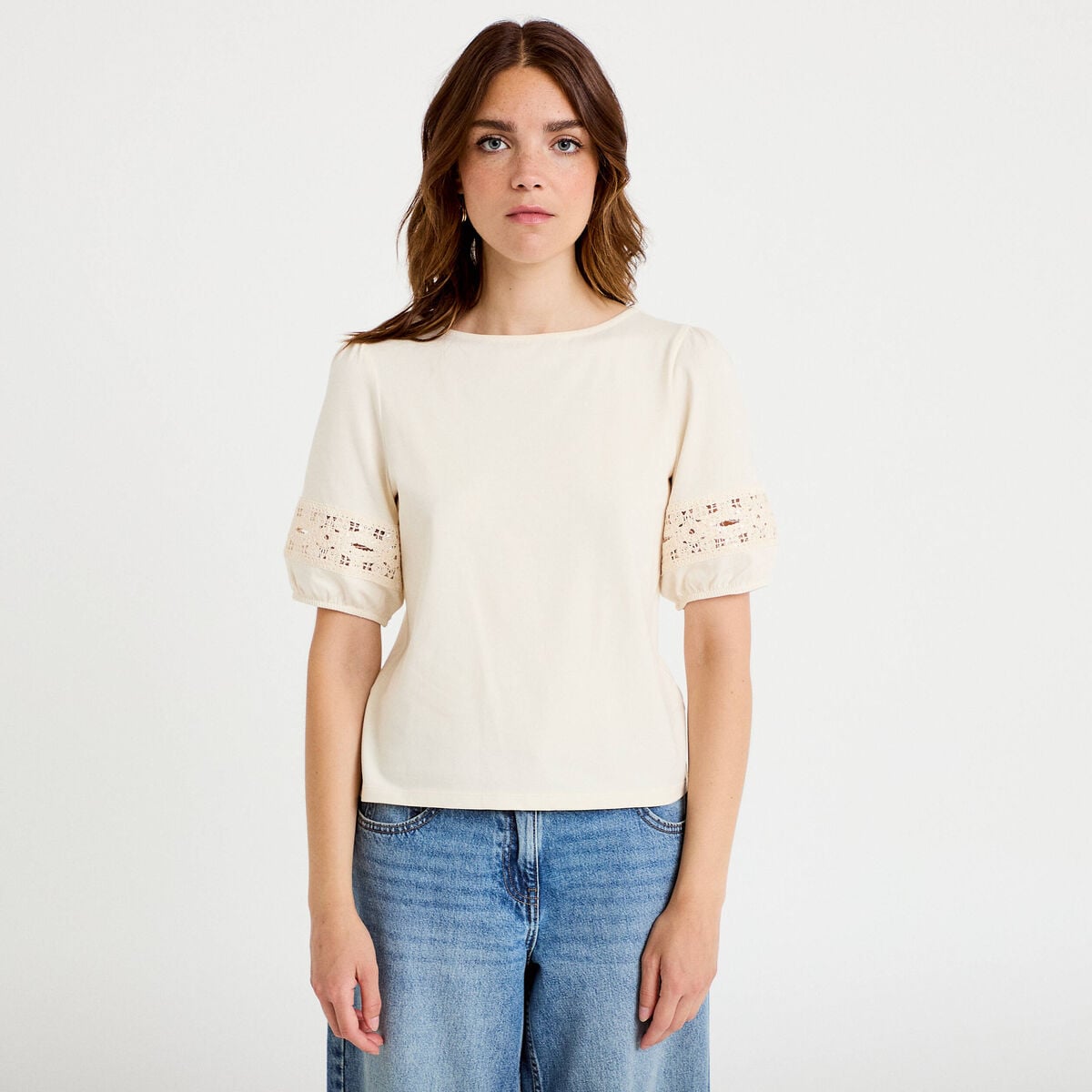 T-shirt col rond manches courtes ecru femme