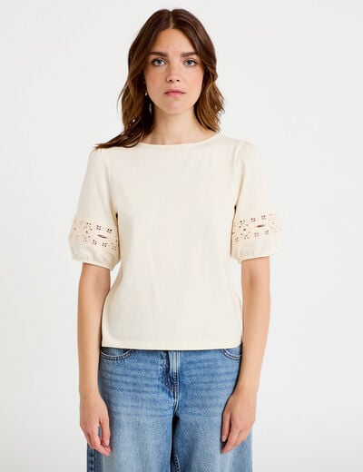 T-shirt col rond manches courtes ecru femme