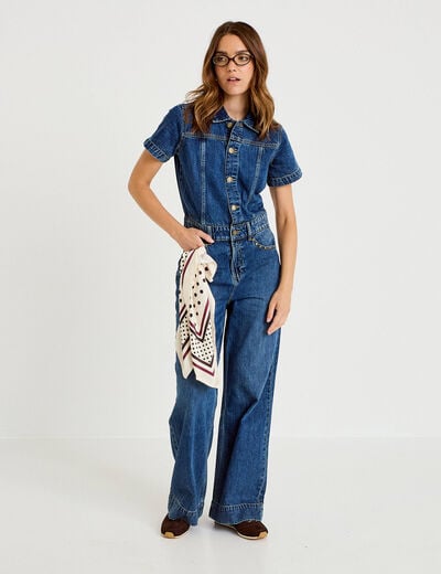 Combinaison jean flare col am&eacute;ricain denim stone femme