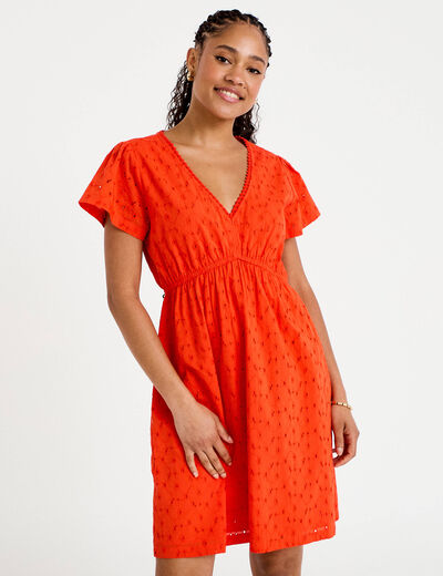 Robe courte &eacute;vas&eacute;e d&eacute;collet&eacute; brod&eacute;e orange fonc&eacute; femme