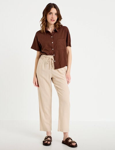 Pantalon droit 7/8&egrave;me taille haute sable femme