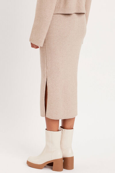 Jupe longue tricot moulante beige femme