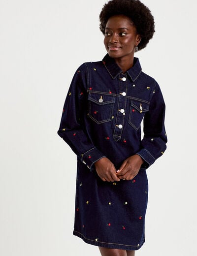 Robe courte droite en jean brod&eacute;e bleu marine femme