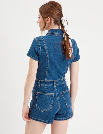 Combishort zippée en jean denim double stone femme
