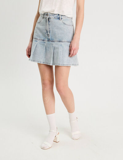 Jupe droite plissée en jean denim bleach femme