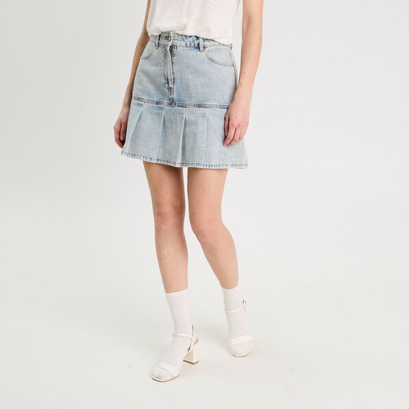 Jupe droite plissée en jean denim bleach femme