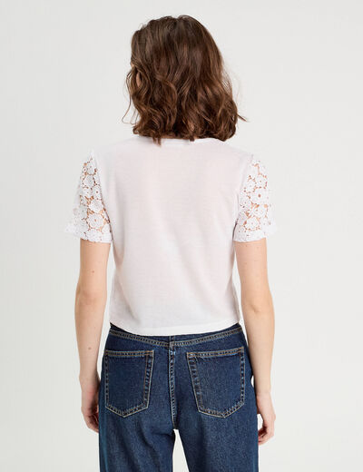 T-shirt noué dentelle guipure blanc femme