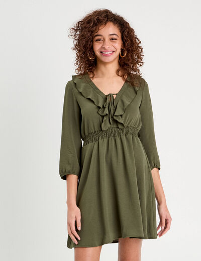 Robe évasée avec volants vert kaki femme