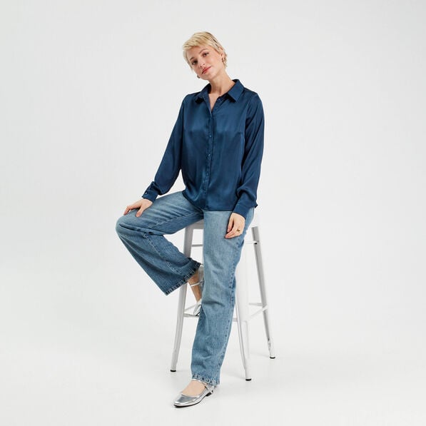 chemise manches longues satin bleu marine femme Chemise manches longues satin bleu marine femme
