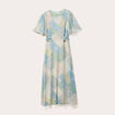 Robe midi évasée col en V bleu pastel femme