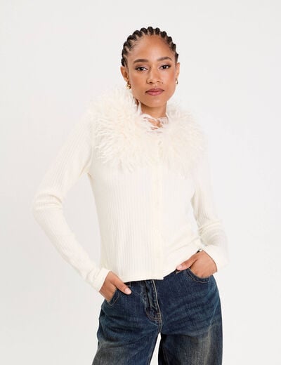 Gilet ajust&eacute; manches longues duveteux ivoire femme