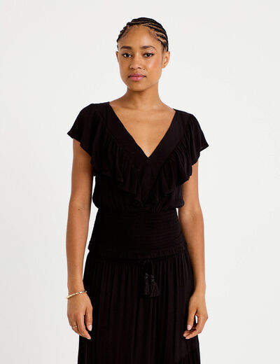 Blouse cintr&eacute;e cropped sans manches noir femme