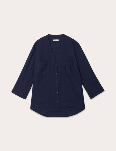 Chemise manches 3/4 contenant du lin bleu marine femme