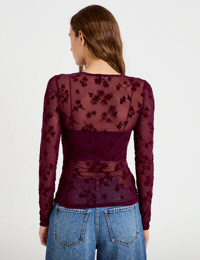 T-shirt ajust&eacute; manches longues prune femme