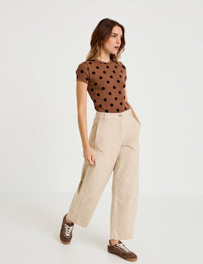 Top ajust&eacute; col rond manches courtes marron femme