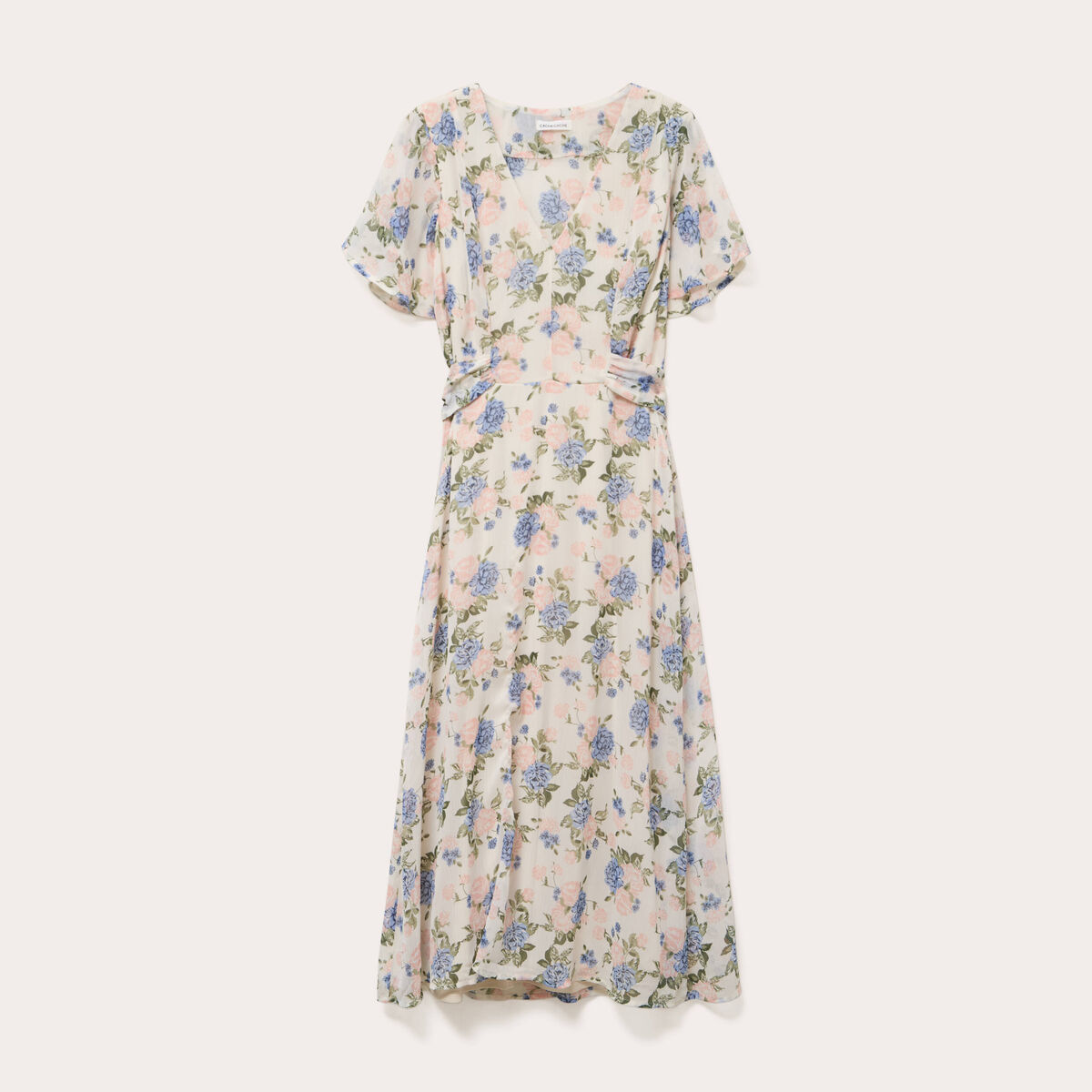 Robe évasée col v manches courtes blanc femme