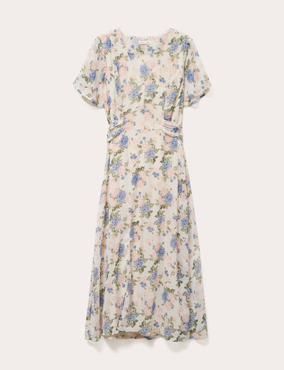 Robe évasée col v manches courtes blanc femme