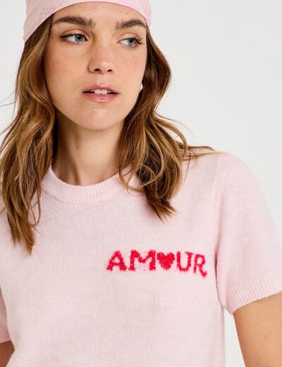 Pull ample manches courtes rose clair femme