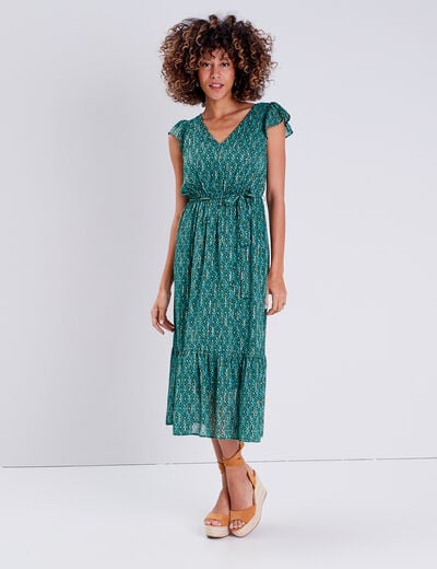 Robe longue évasée ceinturée vert femme