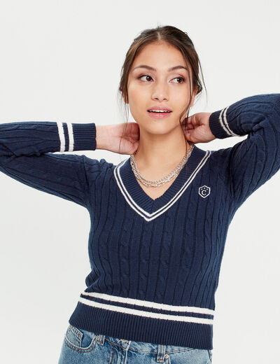 Pull manches longues torsades bleu marine femme
