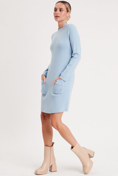 Robe pull droite avec poches bleu femme