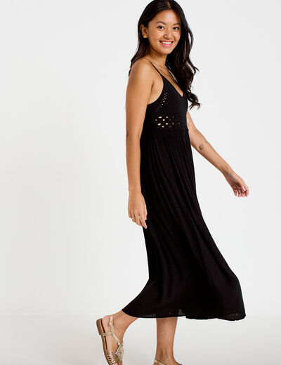 Robe longue bi-mati&egrave;re col v noir femme