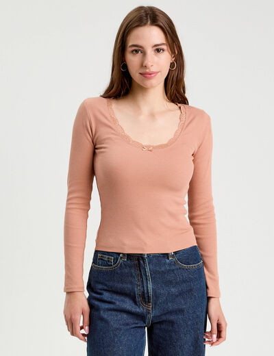 T-shirt manches longues côtelé vieux rose femme