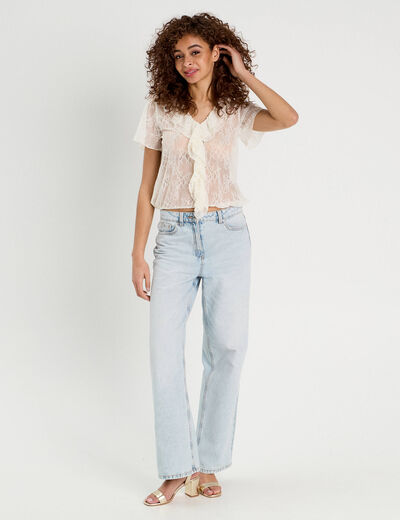 Top dentelle et volants ecru femme