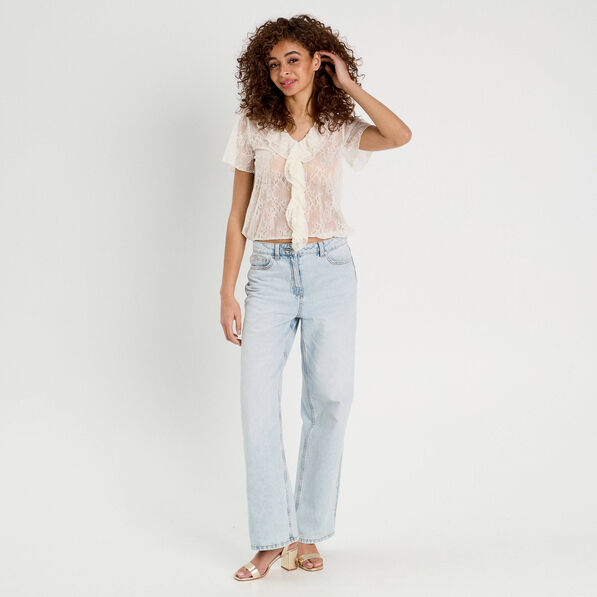 Top dentelle et volants ecru femme