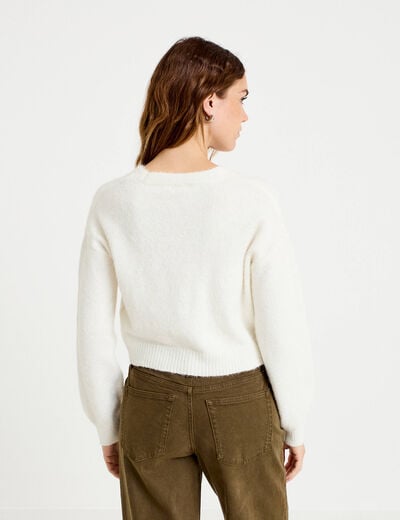 Gilet court ajust&eacute; col v manches longues ecru femme