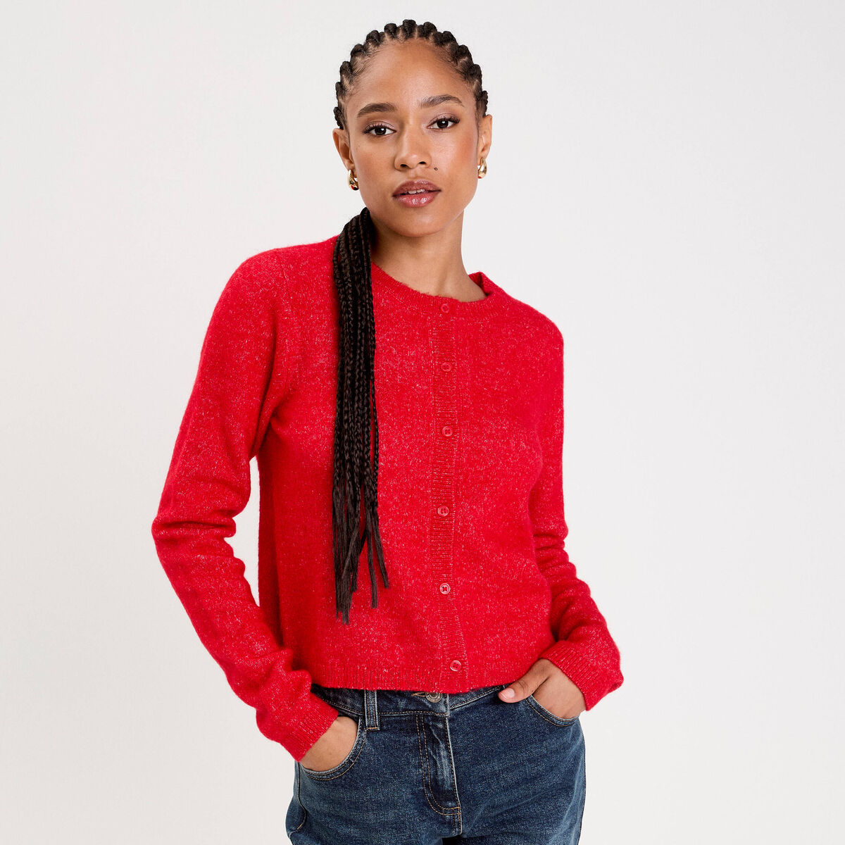 Gilet boutonn&eacute; manches longues rouge femme