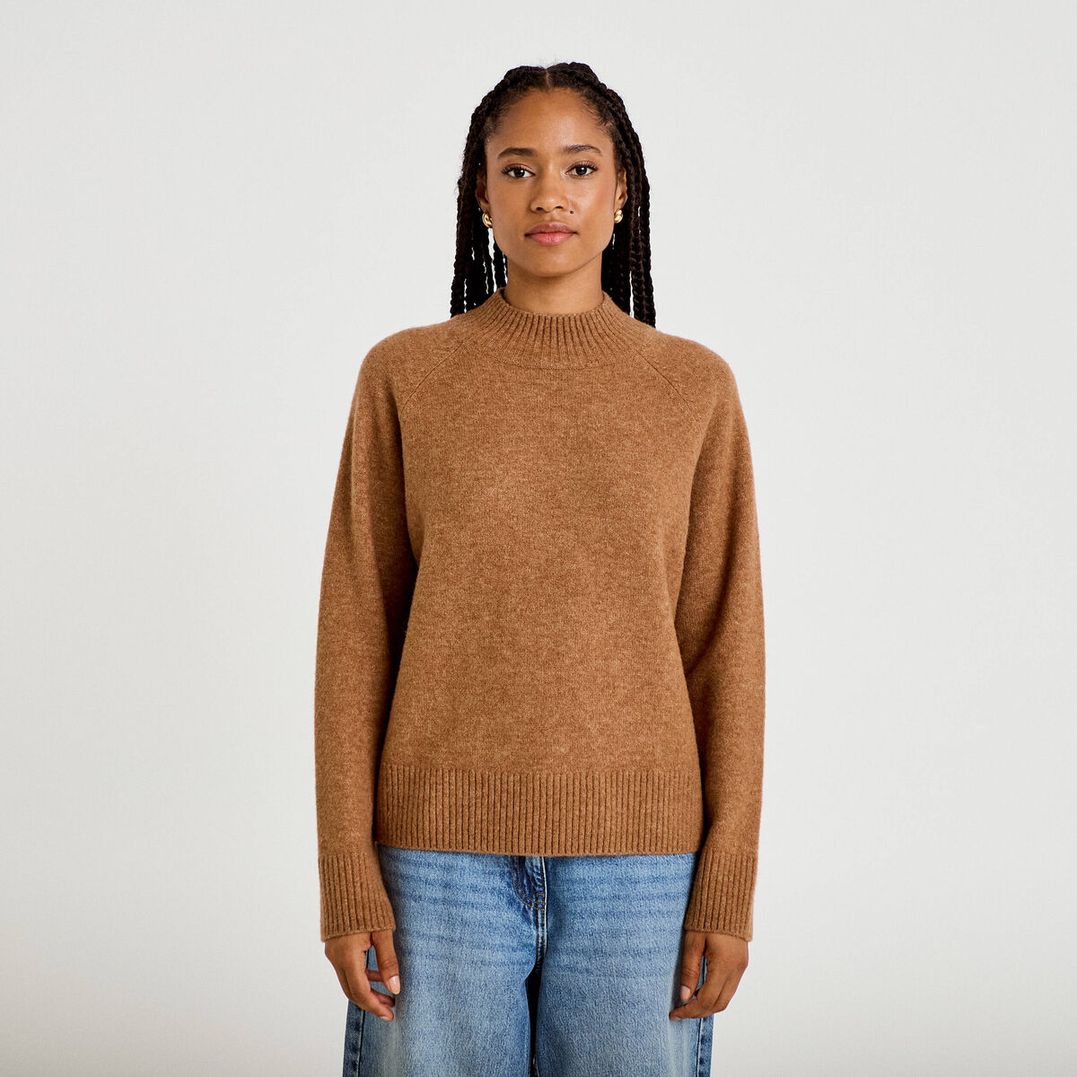 Pull col montant manches longues camel femme