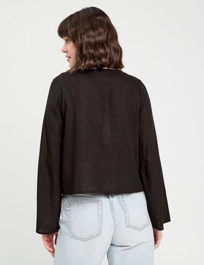 Blouse nouée mélange lin noir femme
