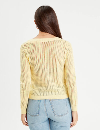 Gilet manches longues ajouré jaune moutarde femme